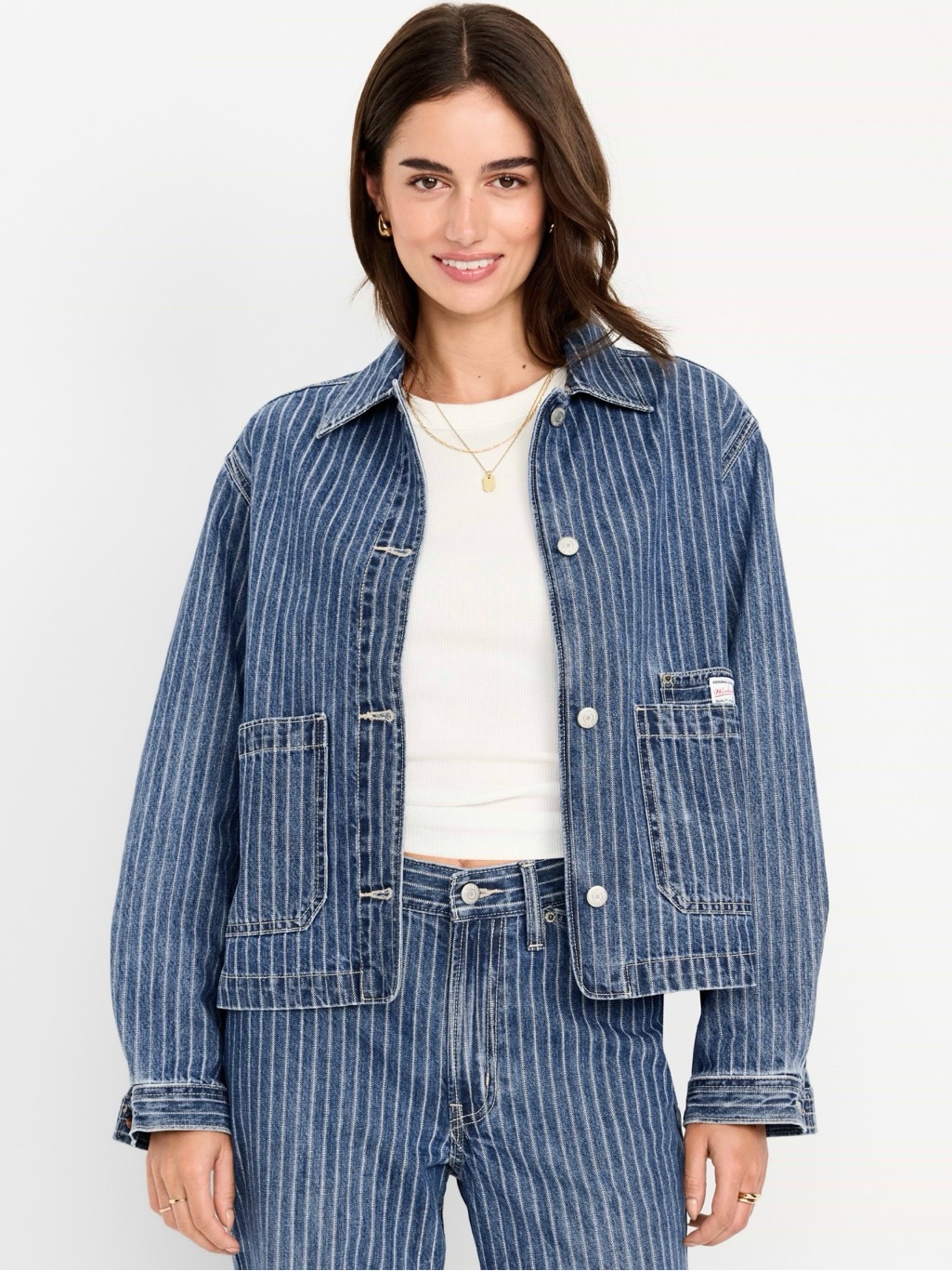 Old Navy Nwt Cropped Jean Chore Jacket Stripe Denim Xxl Tall